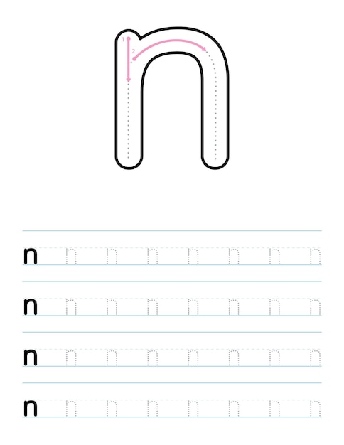 Traceer kleine letter n werkblad voor kinderen