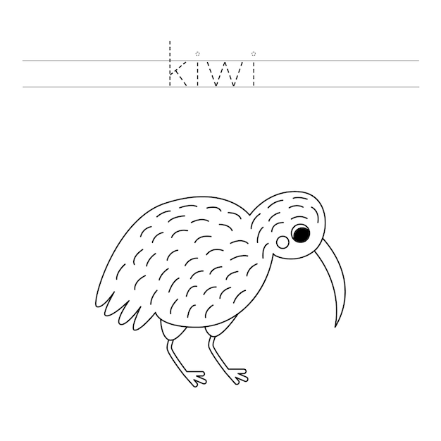 Traceer letters en kleur zwart-wit cartoon kiwivogel