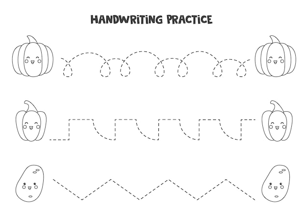 Traceerlijnen met schattige zwart-witte groenten. schrijf oefening.