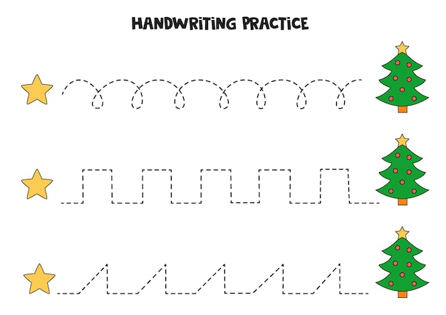 Traceerlijnen voor kinderen met kerstboom en ster. handschrift oefenen.