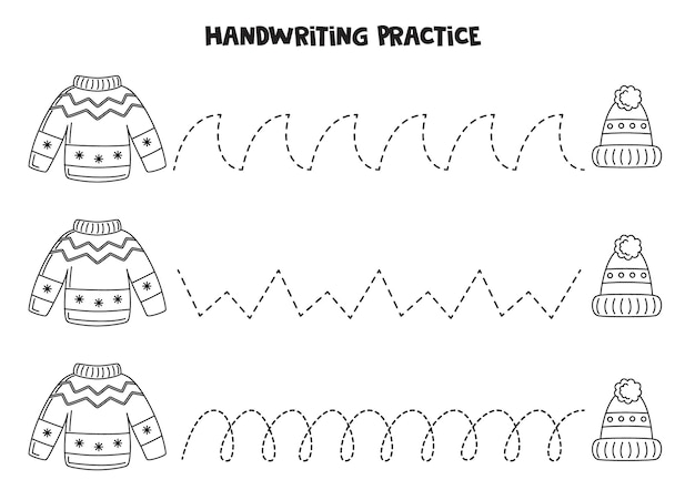 Traceerlijnen voor kinderen wintertrui en muts Zwart-wit werkblad