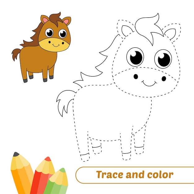 Traceren en kleuren voor kinderpaard vector