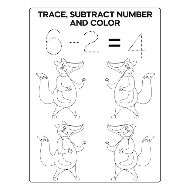 Tracering Aftrekken Nummer en Kleurenpagina voor Kinderen Afdrukbare Premium Vector