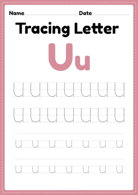 Tracering letter u alfabet werkblad voor kleuters en kleuters voor handschriftoefeningen