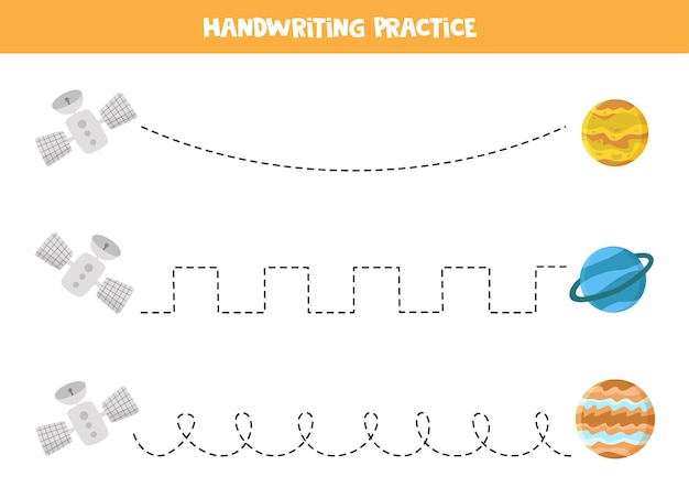 Traceringslijnen voor kinderen met cartoon-satelliet- en zonnestelselplaneten.