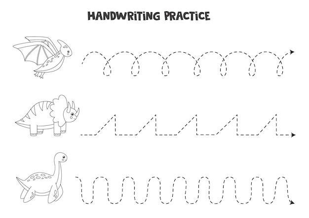 Traceringslijnen voor kinderen met schattige dinosaurussen. handschriftoefening voor kinderen.