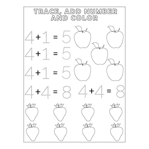 Traceringsnummer voeg nummer- en kleurenpagina's toe voor kinderen afdrukbare premium vector