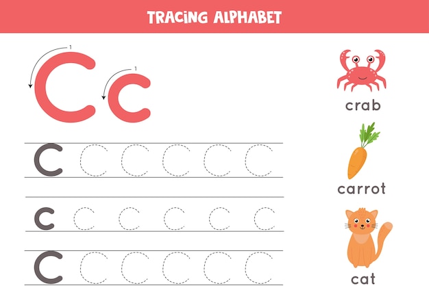 ベクトル 英語のアルファベットのすべての文字をトレースします。子供のための就学前の活動。大文字と小文字を書くc.イルカのかわいいイラスト。印刷可能なワークシート。