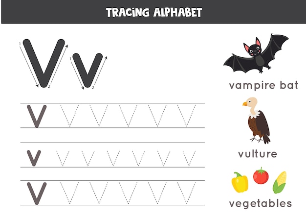英語のアルファベットのすべての文字をトレースします。子供のための就学前の活動。大文字と小文字を書くv.ハゲタカ、野菜、吸血コウモリのかわいいイラスト。印刷可能なワークシート。