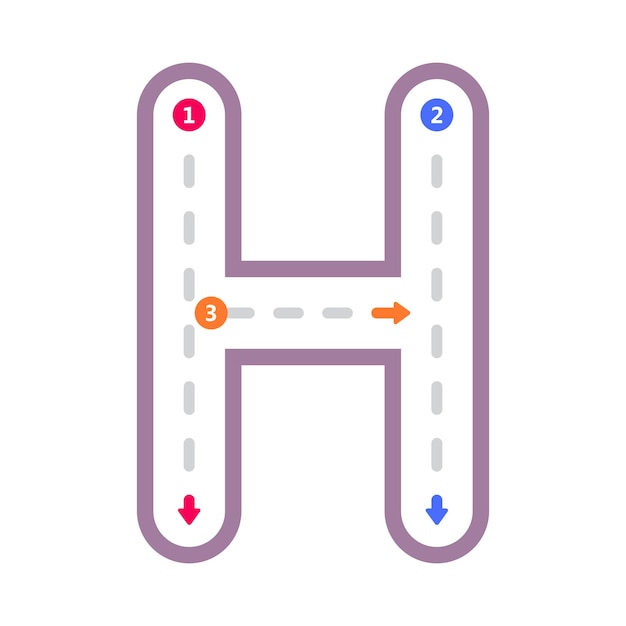 幼稚園の就学前の子供のためのアルファベット文字Hの大文字の事前書き込み点線要素をトレース