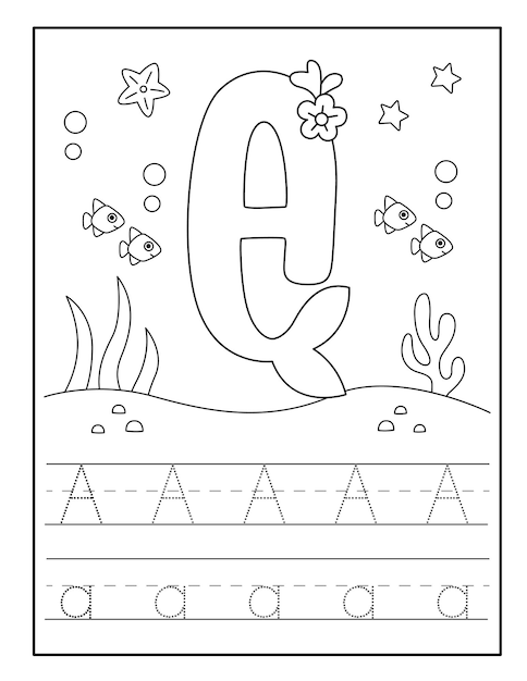 Tracing alphabet worksheet with cute mermaid