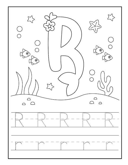 Vector tracing alphabet worksheet with cute mermaid