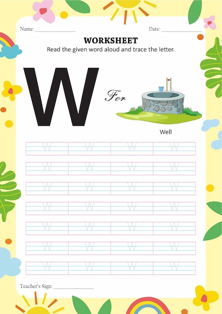 Отслеживание и чтение листа для детской буквы w