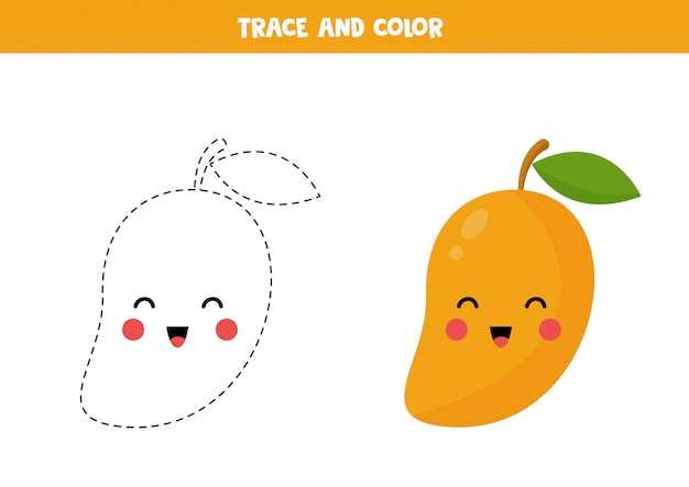 Tracing and coloring cute cartoon kawaii mango.