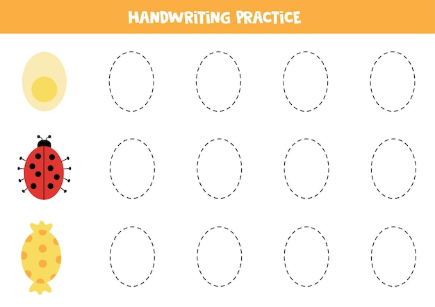 Tracing contours of cartoon oval objects. Handwriting practice for children.