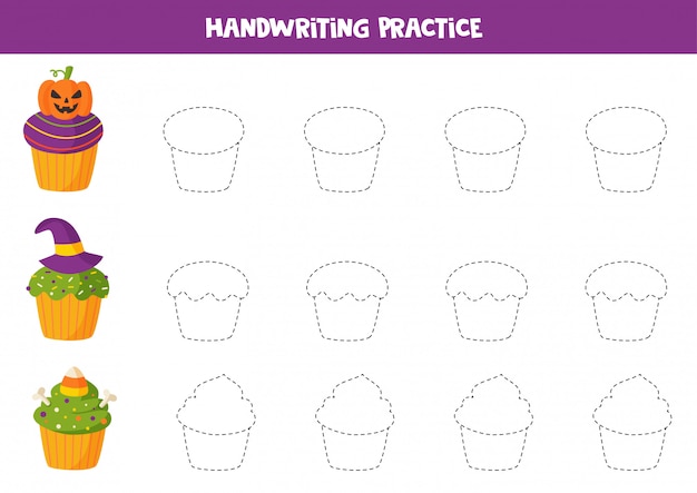 Tracing contours of cute halloween cupcakes. game for kids