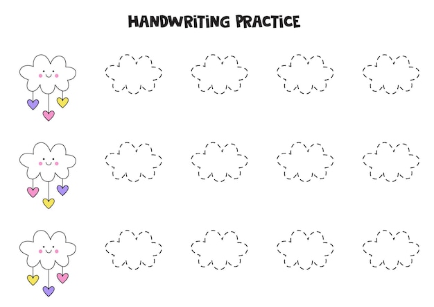 귀여운 카와이 구름의 윤곽을 추적합니다. 아이들을 위한 쓰기 연습.