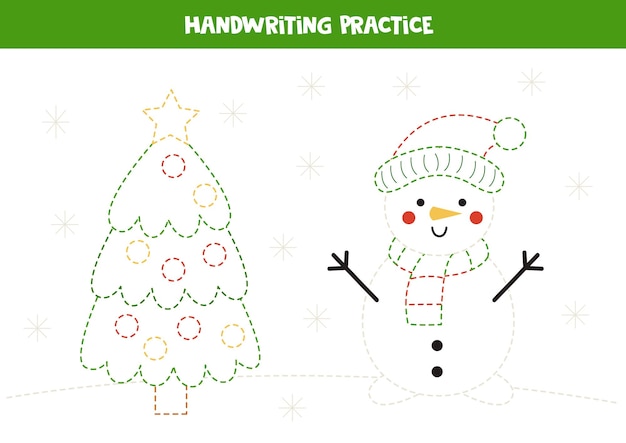 Tracing contours of cute snowman and Christmas tree Handwriting practice