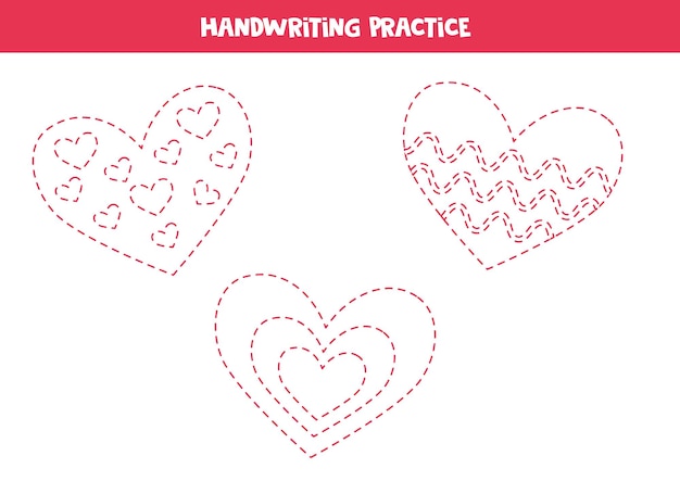 Vector tracing contours for kids cute pink saint valentines hearts handwriting practice