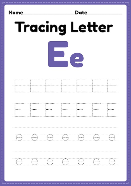 Tracing letter e alphabet worksheet for kindergarten and preschool kids for handwriting practice