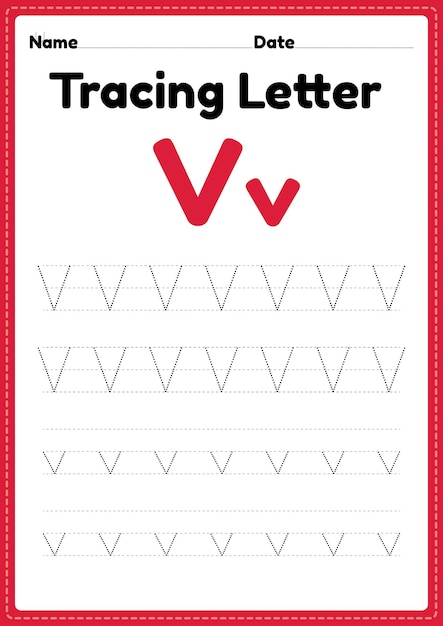 Tracing letter v alphabet worksheet for kindergarten and preschool kids for handwriting practice