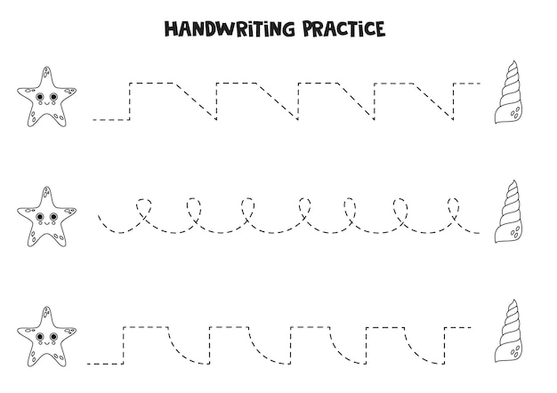 子供向けの線をなぞる かわいいヒトデと貝殻 書く練習