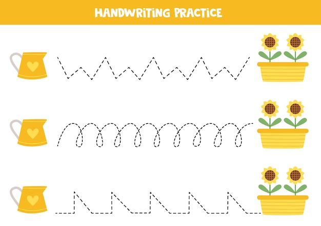 子供のためのトレースラインかわいいじょうろとひまわりライティングの練習