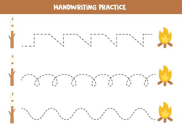 子供のマシュマロとキャンプファイヤーのライティング練習のためのトレースライン