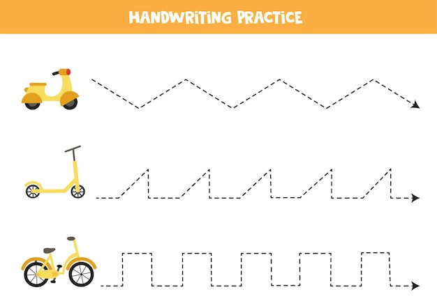 漫画の原付、スクーター、自転車で子供のためのトレースライン。子供のための手書きの練習。
