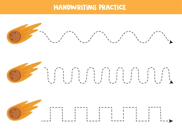 ベクトル 漫画の宇宙彗星を持つ子供のためのトレースライン。子供のための手書きの練習。