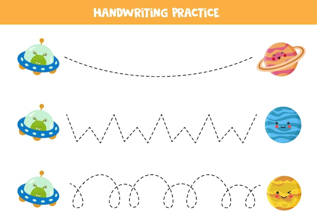 만화 Ufo와 행성이있는 아이들을위한 추적 라인. 어린이를위한 필기 연습.