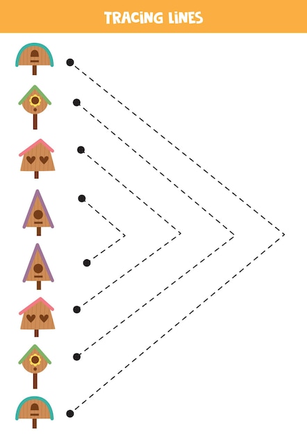 ベクトル カラフルな鳥の家で子供向けの線をなぞる 手書きの練習