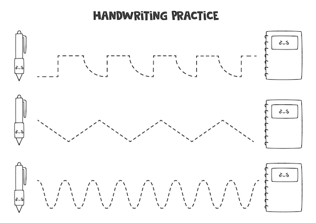 Трассировка линий для детей с милой черно-белой ручкой и листом бумаги. практика почерка.