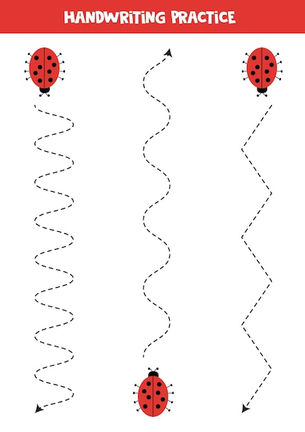 귀여운 무당벌레가 있는 아이들을 위한 트레이싱 라인. 손글씨 연습.