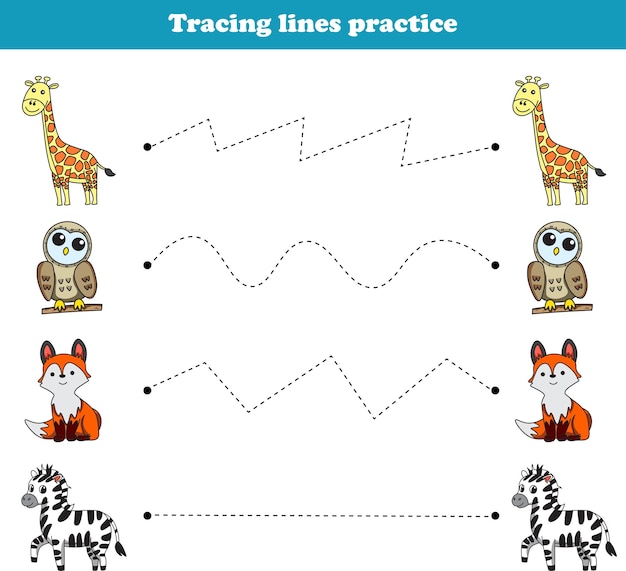 Трассировка линий жираф сова лиса зебра Развивающие игры Рабочий лист для детей дошкольного возраста Векто