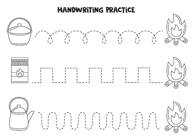 Vector tracing lines for kids camping elements writing practice