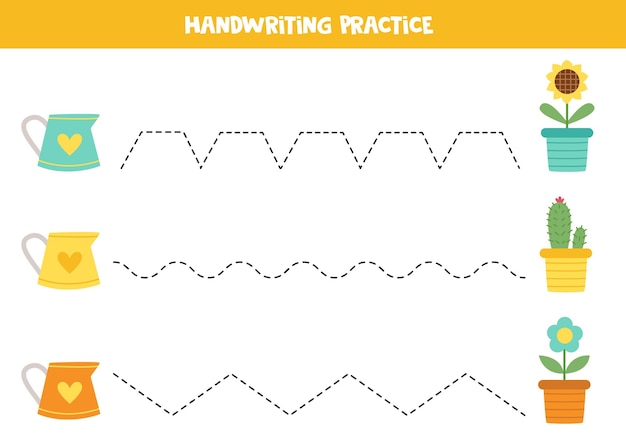 Tracing lines for kids Colorful watering cans and flower pots Writing practice