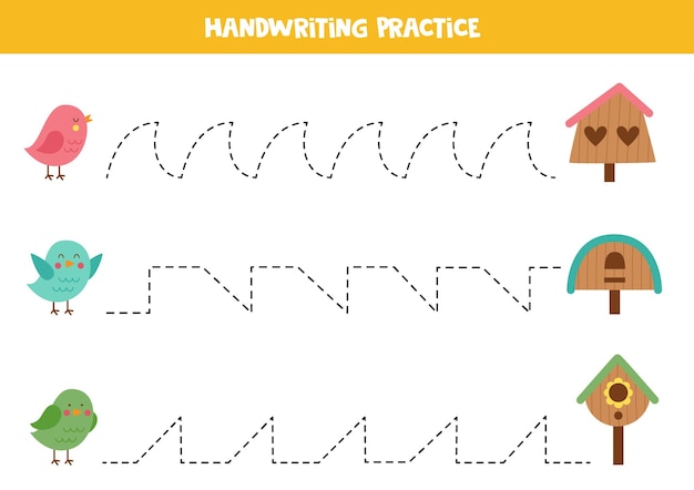 Tracing lines for kids Cute birds and birdhouses Writing practice