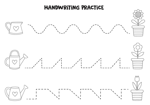Tracing lines for kids Cute black and white watering cans Writing practice