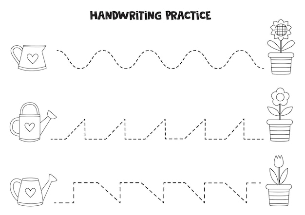 子供のためのトレースラインかわいい黒と白のじょうろライティングの練習