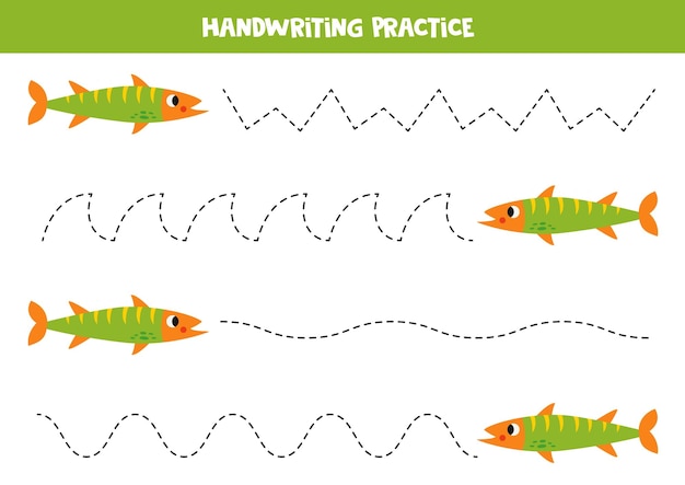 Vector tracing lines for kids cute cartoon green barracuda handwriting practice