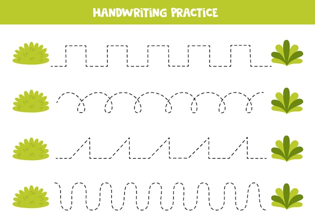 Tracciare linee per bambini cartoon carino cespugli verdi pratica della scrittura a mano