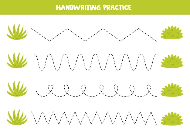 Tracing lines for kids Cute cartoon green bushes Handwriting practice