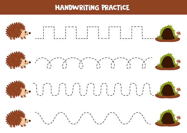 Vector tracing lines for kids cute cartoon hedgehog and its burrow handwriting practice