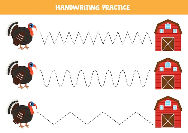 Vector tracing lines for kids cute cartoon turkey bird and red farm barn handwriting practice