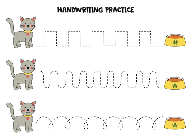 子供向けの線をなぞる かわいい猫 書く練習