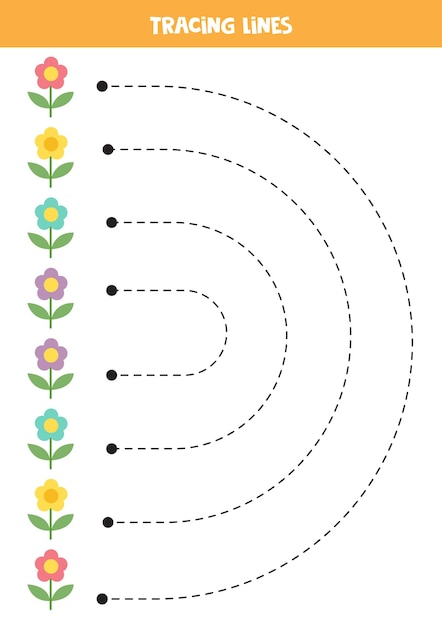 子供のためのトレースラインかわいい色とりどりの花ライティング練習