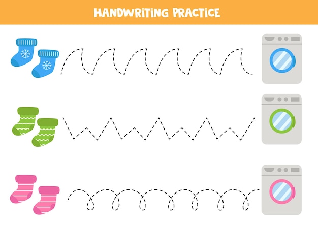 Tracing lines for kids Cute colorful socks and washing machines Handwriting practice