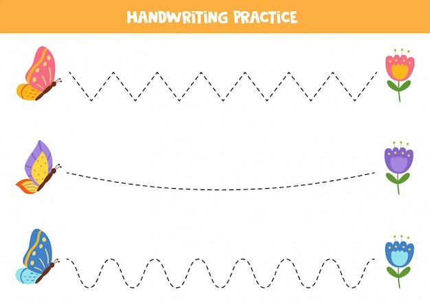 Tracing lines for kids. Cute flying butterflies and flowers.