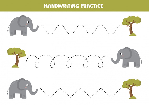 Vector tracing lines for kids. cute gray elephant and safari tree.